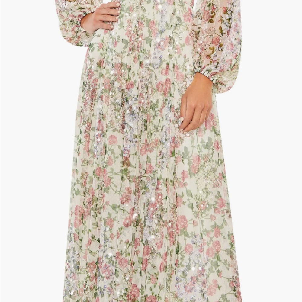 Mac Duggal Elegant Floral Long Sleeve Dress in Pink and Green